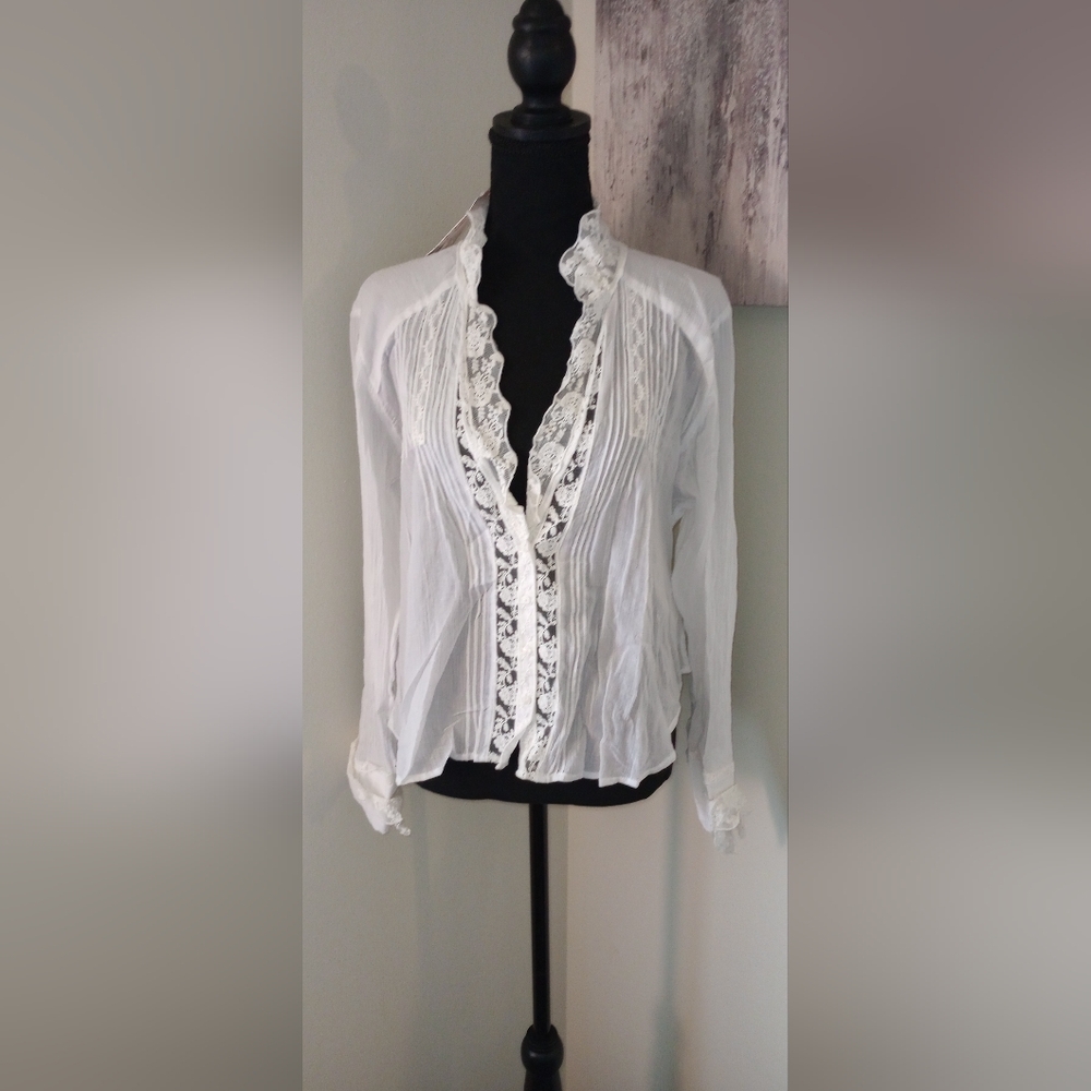 NWT Free People White Ivory  lace gauze blouse Sz Small